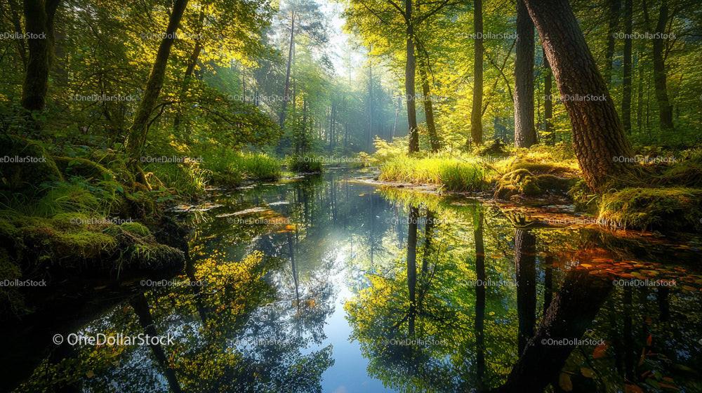 Serene Forest River in Sunlit Morning Light