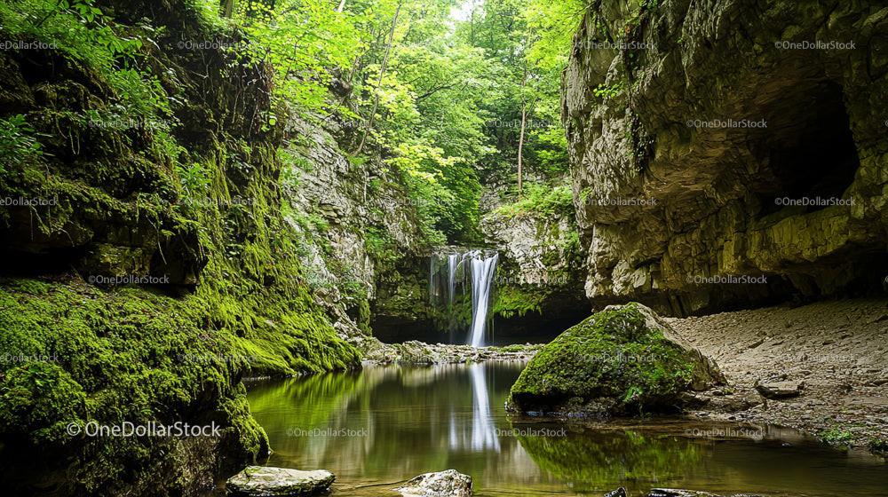 Tranquil Waterfall in a Lush Green Forest Canyon