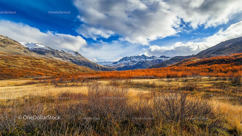 Colorful Autumn Landscape with Snow-Capped Mountain Peaks