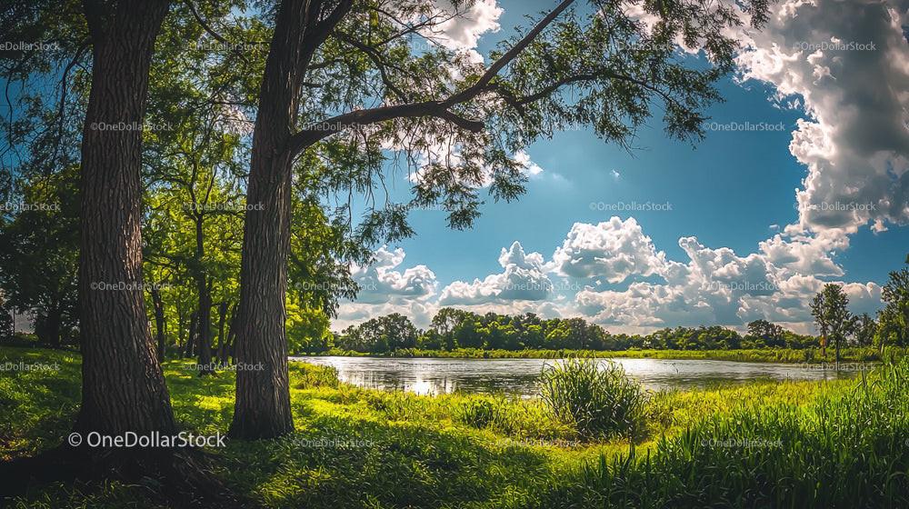 Tranquil Riverbank with Lush Greenery and Blue Skies