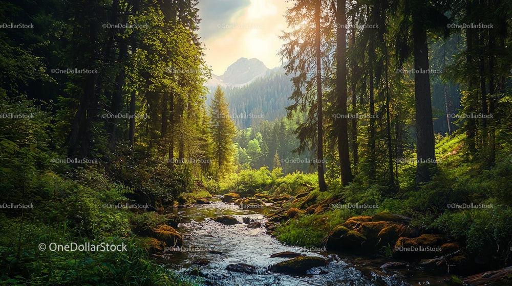 Tranquil Forest Stream with Mountain Backdrop