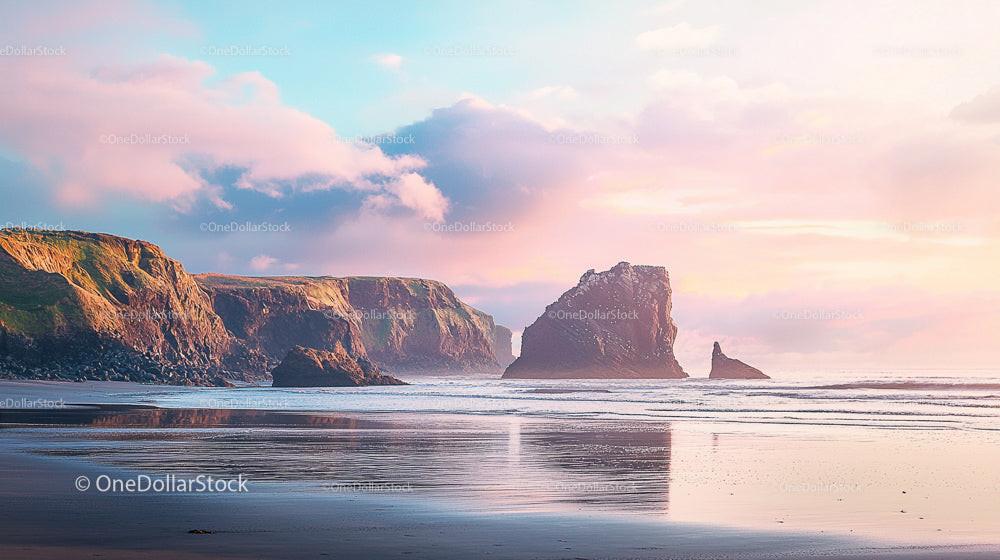 Rocky Cliffs and Pink Sunset Over Serene Ocean