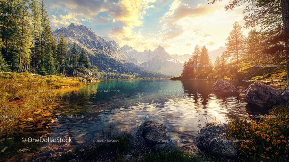 Tranquil Mountain Lake with Pine Trees and Majestic Peaks