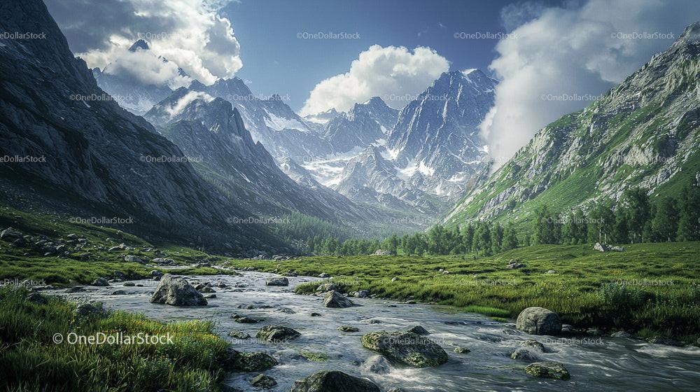 Breathtaking Alpine Mountain Valley With Flowing River