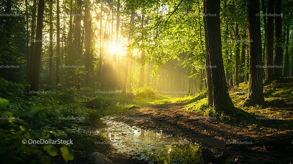 Sunrise Illuminating a Lush Forest Path