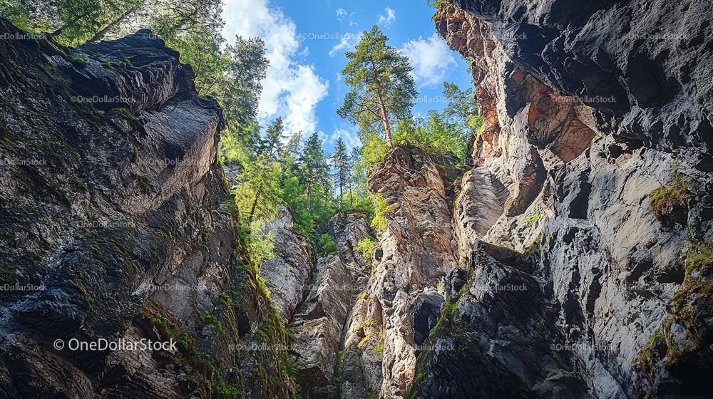 Majestic Canyon Cliffs with Lush Greenery and Blue Sky
