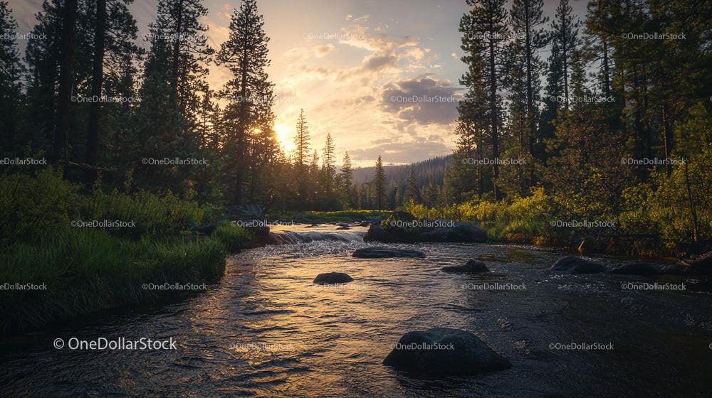 Sunset Over Serene Forest Stream with Lush Greenery