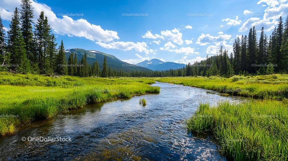 Scenic Mountain River Flowing Through Evergreen Forest