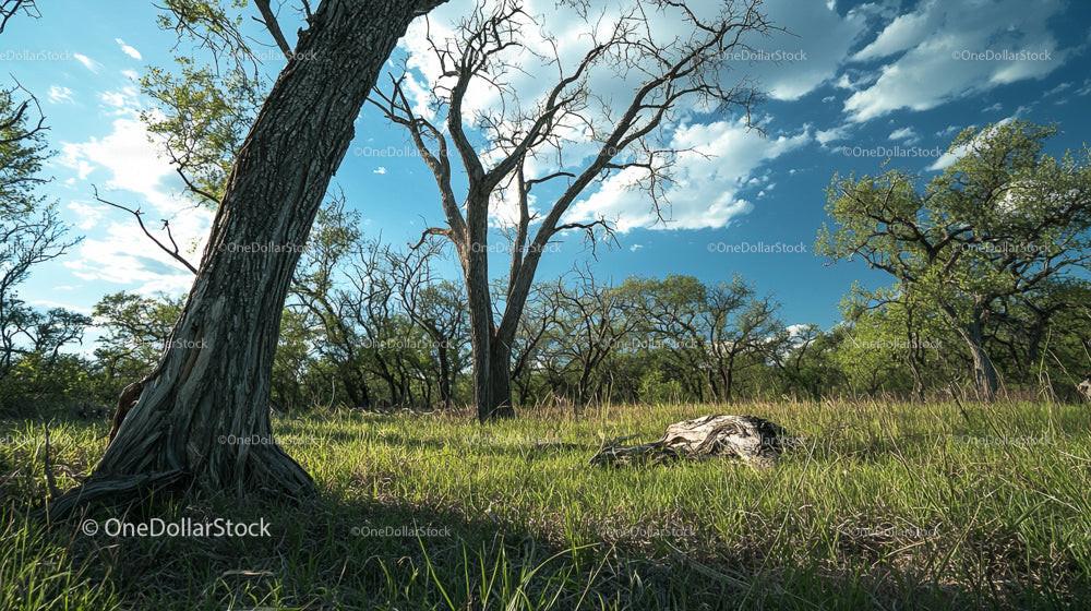 Idyllic Landscape with Bare Trees and Grasslands Under Blue Sky