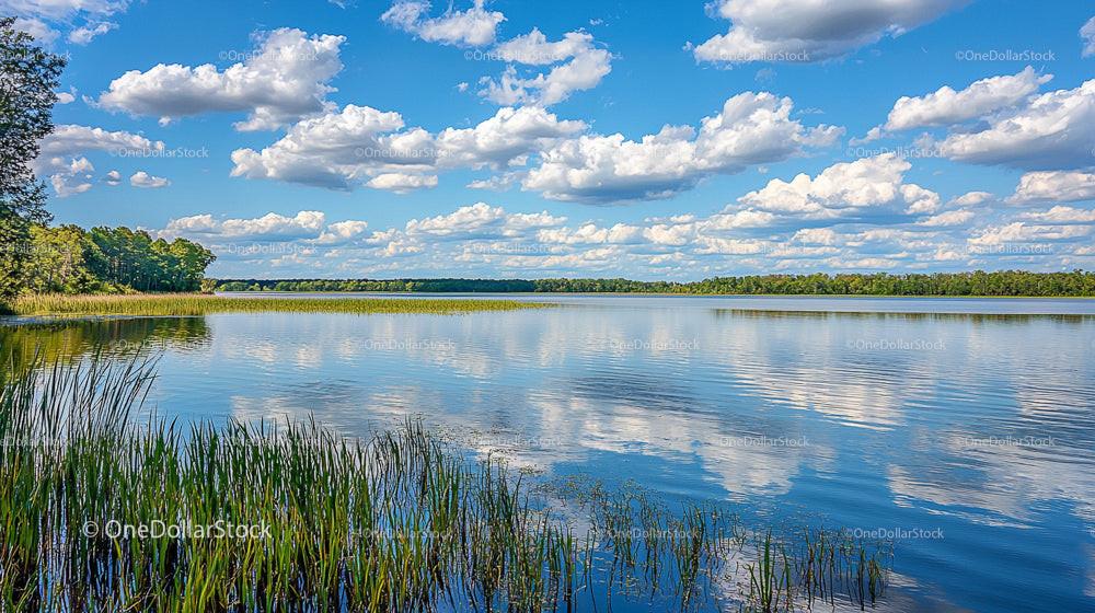Tranquil Lake with Reflective Sky and Green Horizon