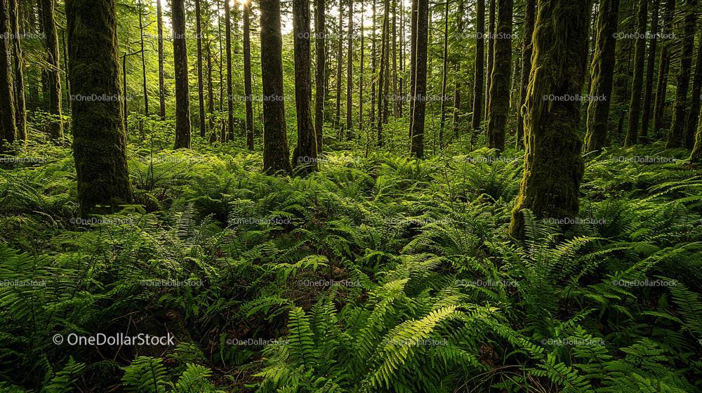 Lush Green Forest with Ferns and Tall Trees