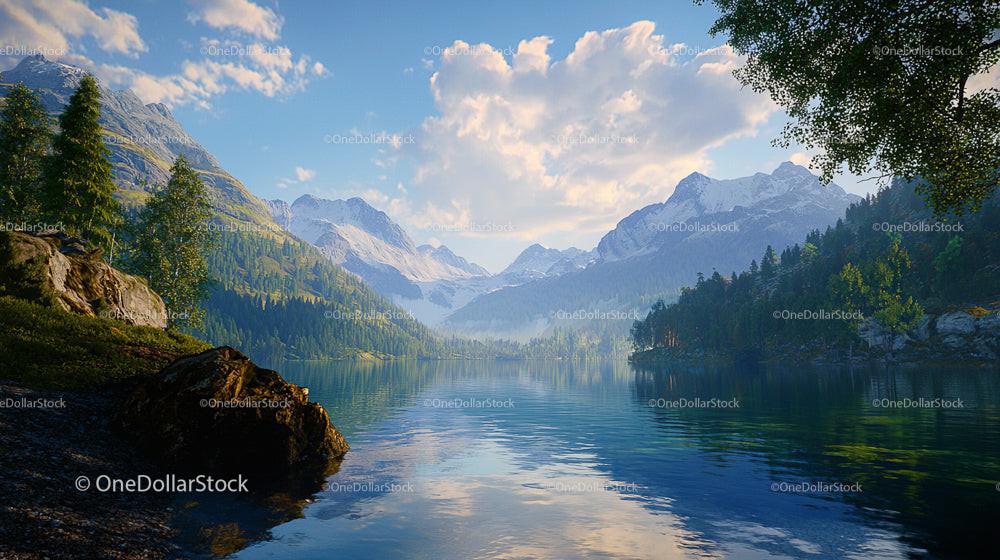 Serene Mountain Lake with Snow-Capped Peaks and Forest Trees