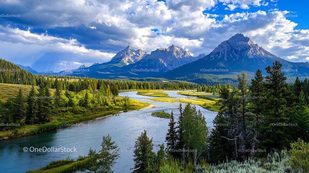 Majestic Mountain Landscape with River and Pine Forest