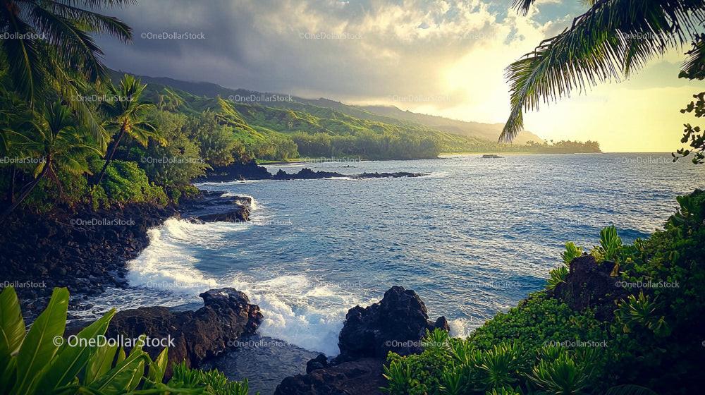 Tropical Paradise with Lush Greenery and Ocean Waves