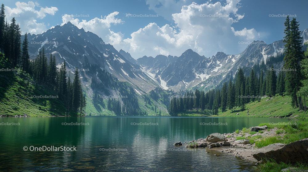 Serene Alpine Lake with Snowy Mountain Peaks
