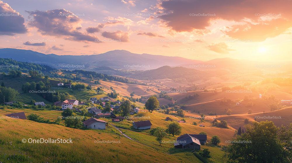 Golden Sunset Over a Picturesque Mountain Village