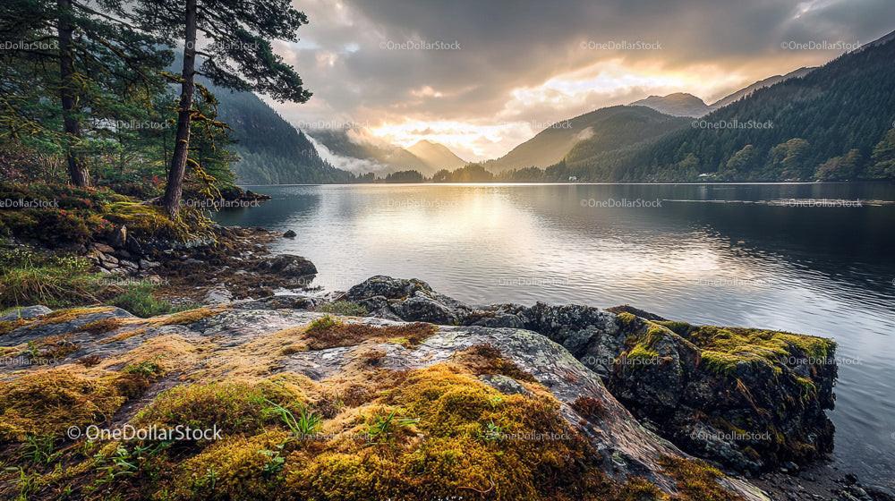 Misty Mountain Lake at Sunset with Peaceful Reflections
