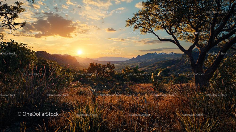 Golden Hour at Sunset Over Scenic Mountain Landscape