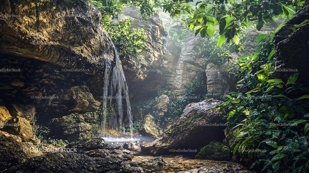 Serene Waterfall Cascading in Lush Jungle Landscape
