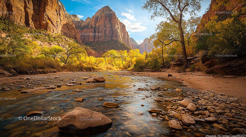 Golden Foliage and River in Majestic Canyon Landscape