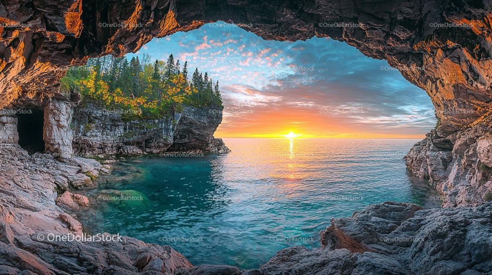 Breathtaking Ocean Sunset Seen Through Rocky Sea Cave