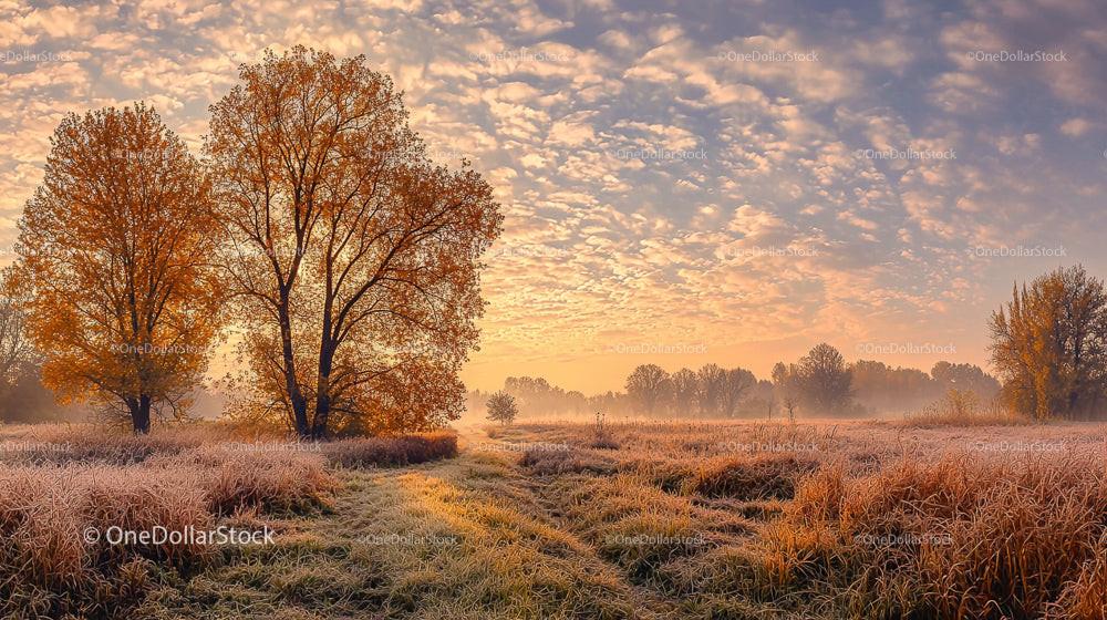 Misty Autumn Sunrise with Frosty Field and Golden Trees