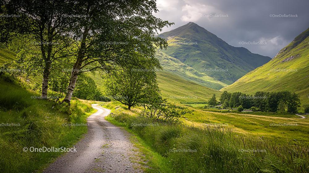 Serene Mountain Path Through Lush Green Valley