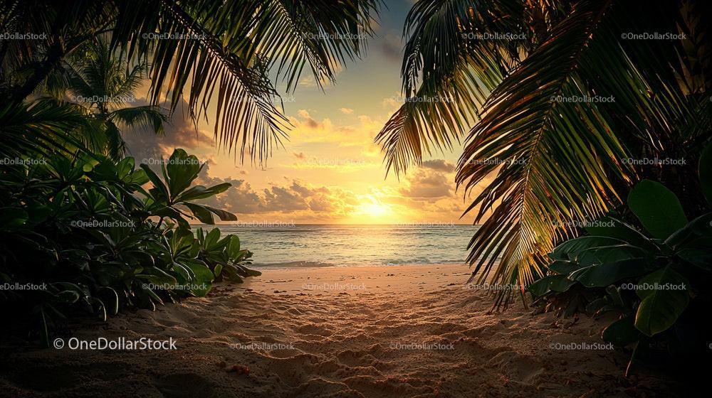 Tropical Paradise Beach Sunset with Palms and Ocean View