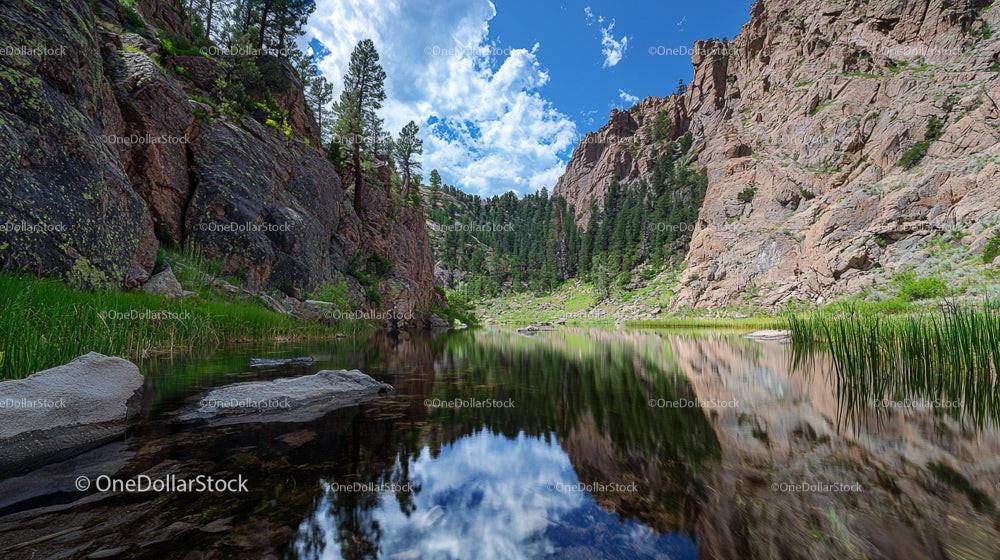 Rocky Canyon with Serene Lake and Pine Forest