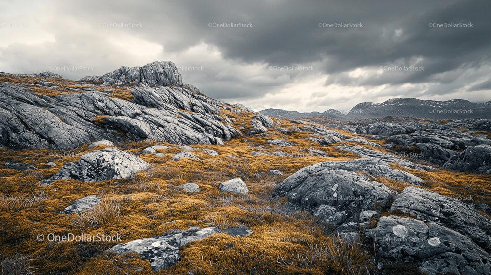 Rugged Rocky Landscape Under Dramatic Stormy Skies