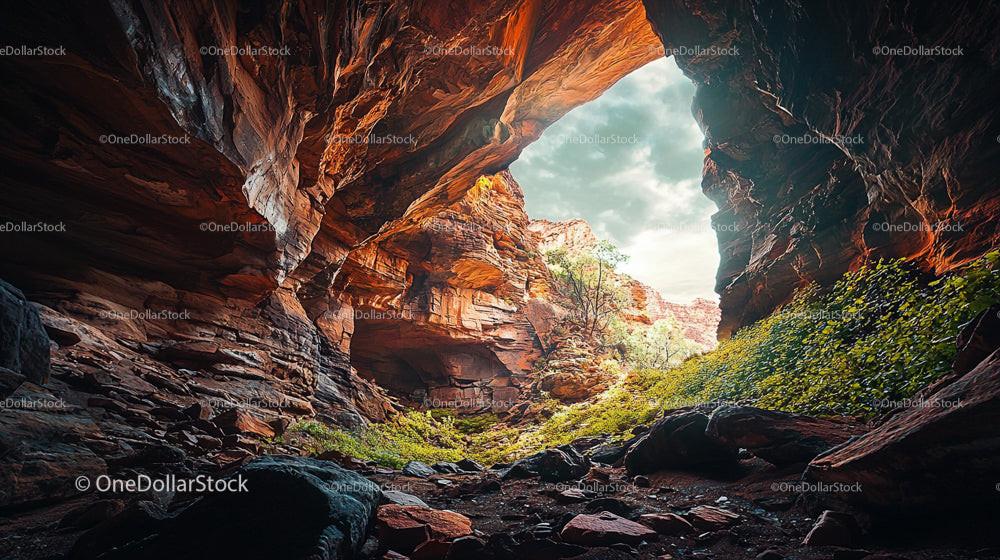 Scenic Cave Entrance with Vibrant Rock Formations