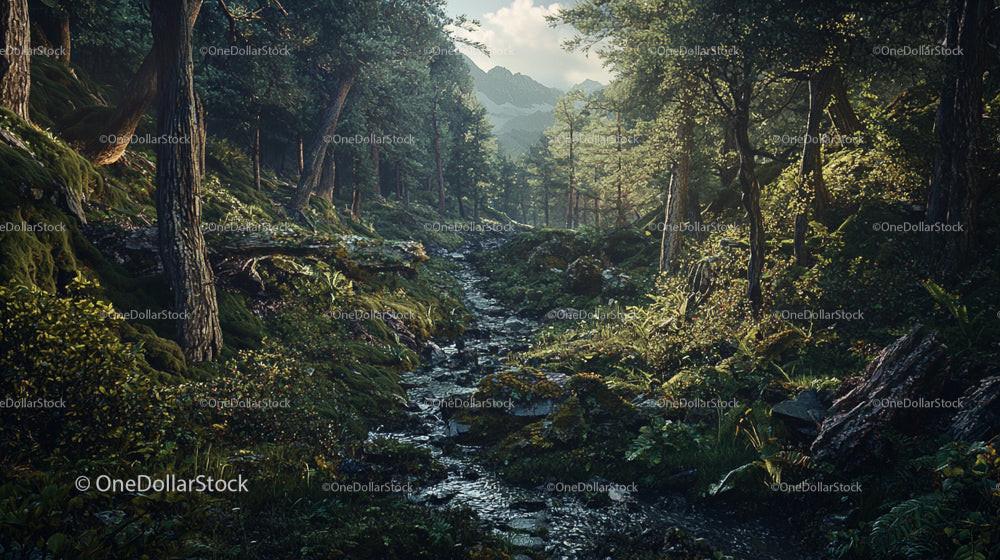 Tranquil Forest Stream through Lush Greenery