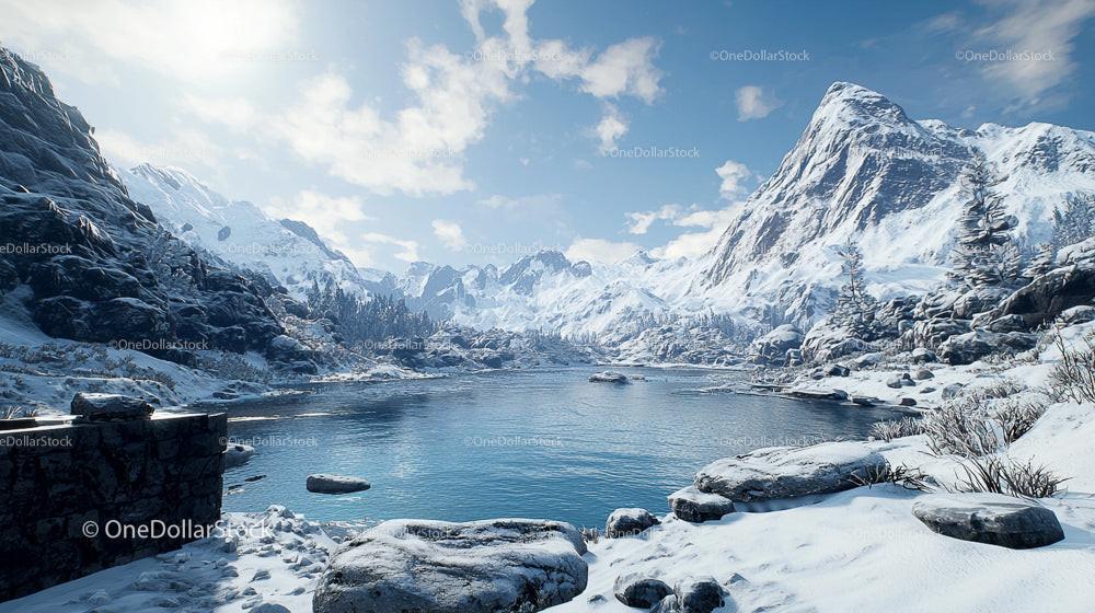 Majestic Snow-Covered Mountains and Tranquil Frozen Lake