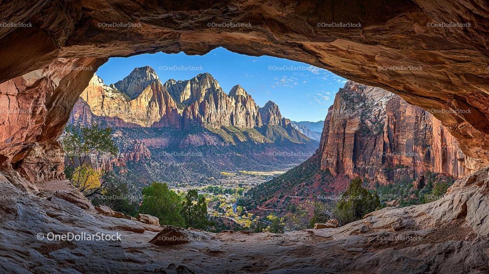Majestic Mountain View Framed by Natural Cave Archway