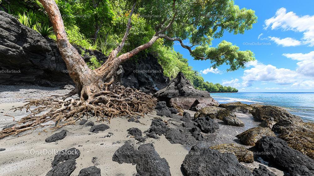 Tropical Tree Roots Along Rocky Coastal Shoreline