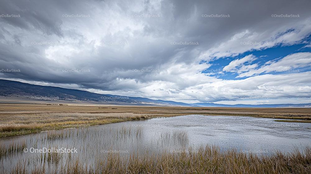 Expansive Wetlands Under Dramatic Cloudy Sky