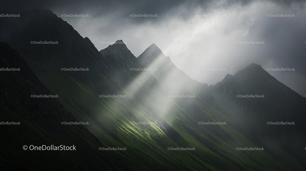 Dramatic Mountain Peaks Under Misty Clouds