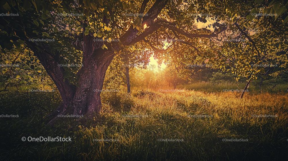Golden Sunset Through Lush Greenery in Tranquil Meadow