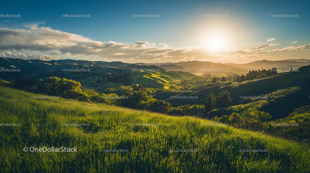 Sunset Over Rolling Green Hills and Lush Valleys