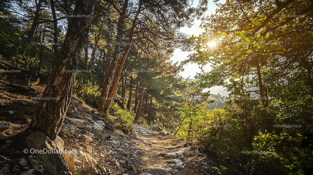 Sunlit Forest Path with Lush Greenery and Tall Pine Trees