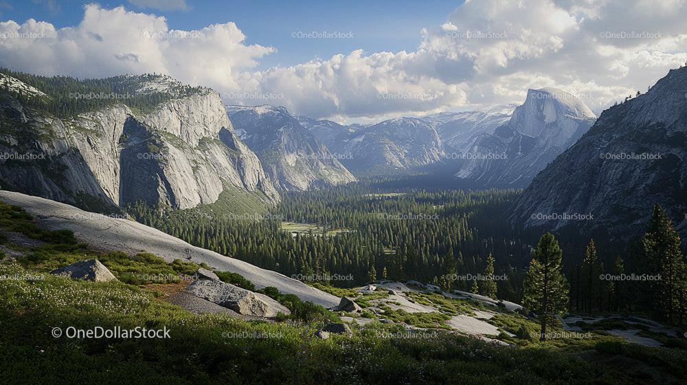 Grand Granite Peaks in a Verdant Forested Valley