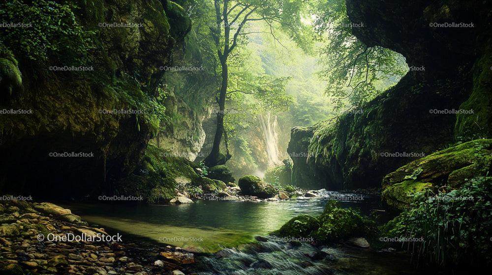 Lush Forest Stream with Waterfall and Mossy Rocks