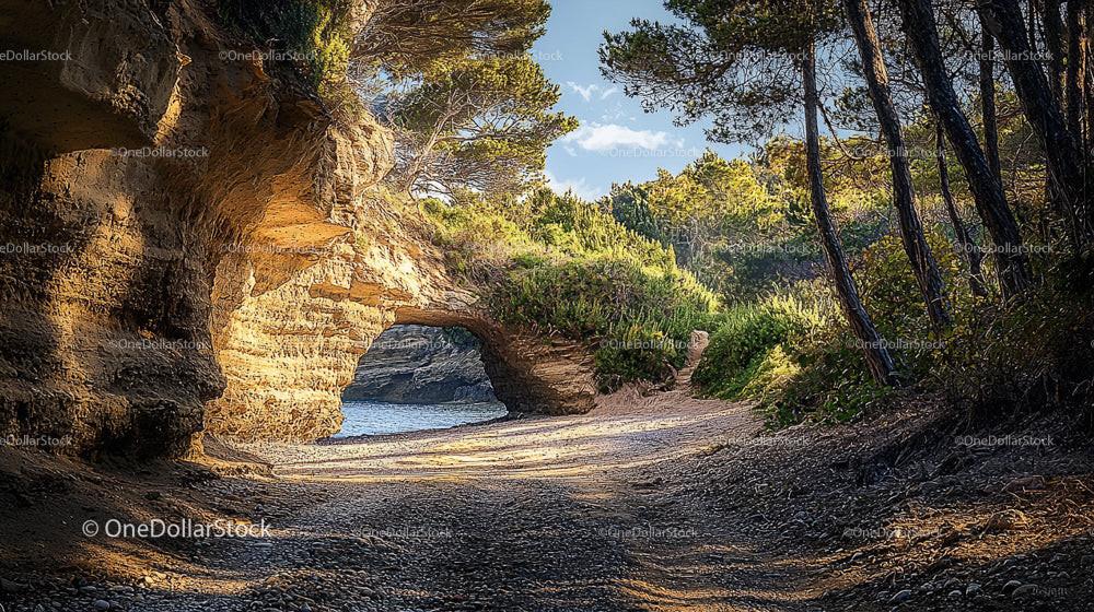 Sunlit Rocky Arch in a Mediterranean Coastal Landscape