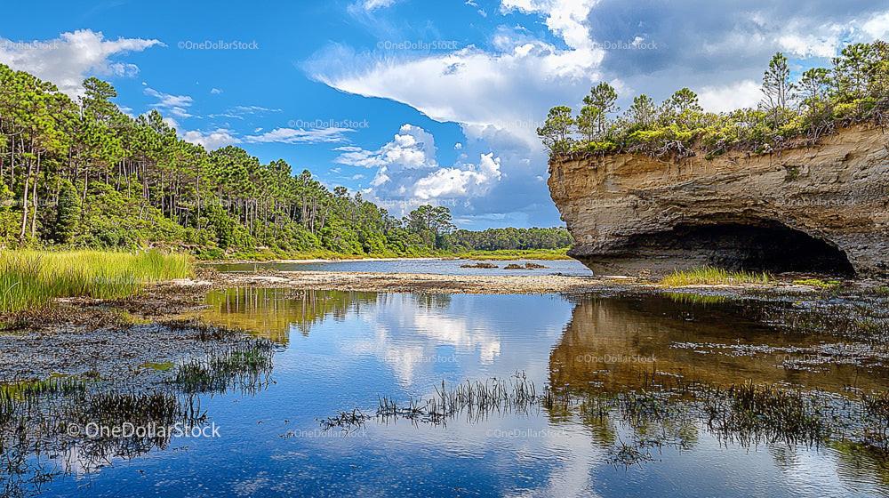 Scenic River with Forest Reflection and Rocky Cliff