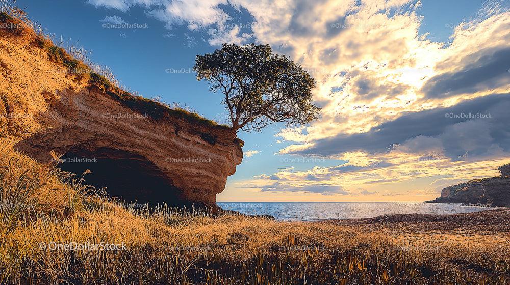 Lone Tree on Edge of Dramatic Coastal Cliff at Sunset