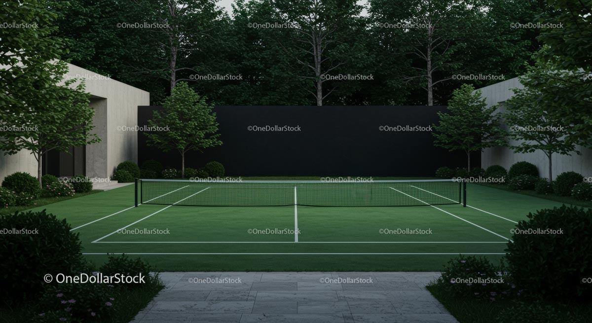 Modern Tennis Court Surrounded by Lush Greenery