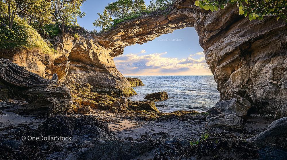 Natural Rock Arch Overlooking Serene Ocean at Sunset