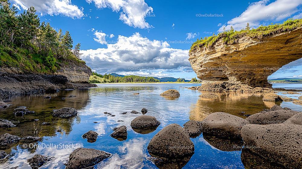Natural Arch and Rocky Shore with Blue Sky Reflection