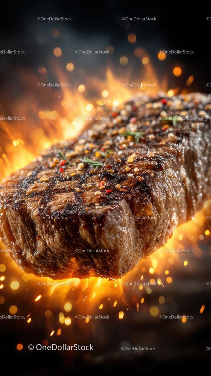 Sizzling Grilled Steak with Fiery Flames