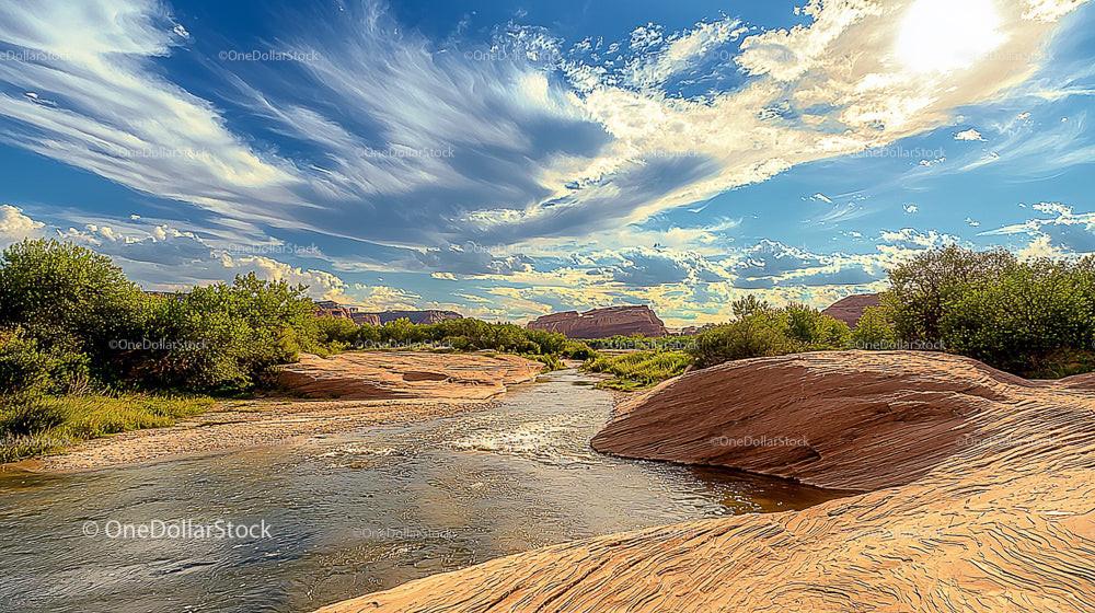 Serene Desert River with Dramatic Clouds